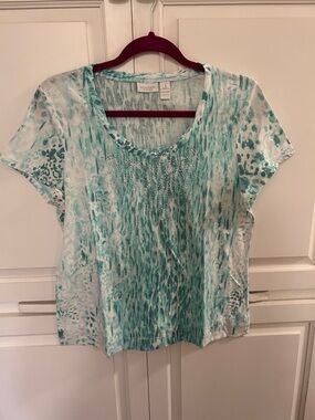 Chico's Teal and White Animal-Print Short Sleeve Top with Rhinestones